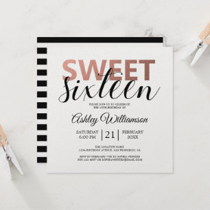 Modern Chic Black White Stripes roze Sweet 16 Kaart