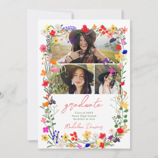 Modern chic boho bright wild flower afstuderen aankondiging (Voorkant)