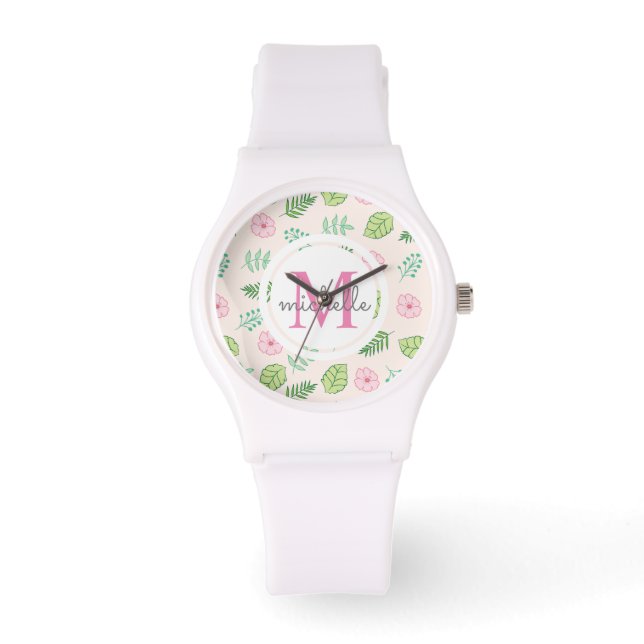 Modern Chic Floral Monogram Horloge (Voorkant)