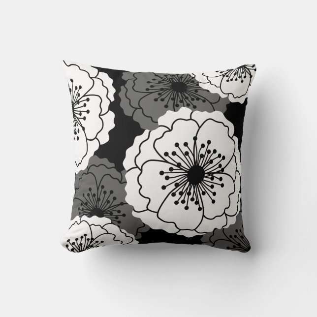 Modern Chic Flower Silhouettes | Zwart-wit Kussen (Voorkant)