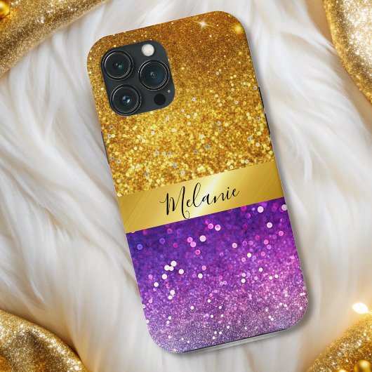 Modern chic glam gouden paarse glitter monogram Case-Mate iPhone case