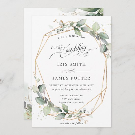 Modern Chic Greenery Leafy Gold Geometric Wedding Kaart (Voorkant / Achterkant)