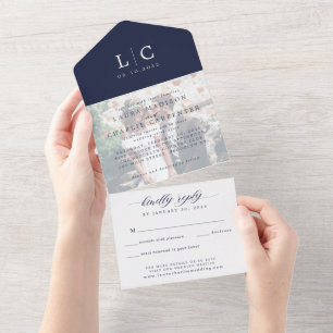 Modern Chic Monogram Foto RSVP Navy Blue Wedding All In One Uitnodiging