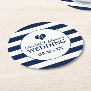 Modern Chic Navy Blue en White Wedding Ronde Kartonnen Onderzetter
