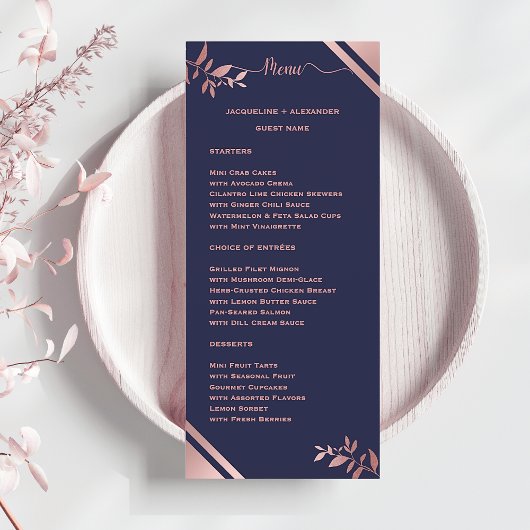 Modern Chic Navy Blue Wedding Menu with Guest Name