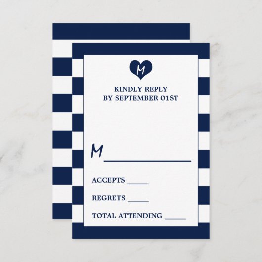 Modern Chic Navy Blue & White Wedding RSVP Kaartje (Voorkant / Achterkant)