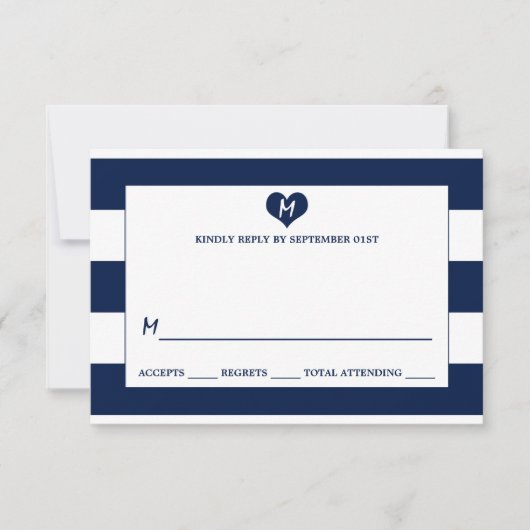Modern Chic Navy Blue & White Wedding RSVP Kaartje (Voorkant)