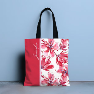 Modern Chic Red Tropical Floral Persoonlijke naam Draagtas