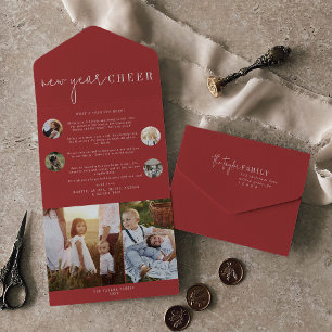 Modern chic Rood Nieuwjaar Cheer Multi Foto All In One Uitnodiging