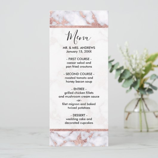 Modern Chic Roos Gold White marble Stone Pattern Menu (Staand voorkant)