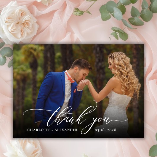 Modern Chic Script 2 Mariage photo Carte de remerc