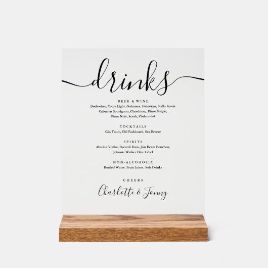 Modern Chic Signature Script Drinken Menu Acryl Bord (Voorkant)