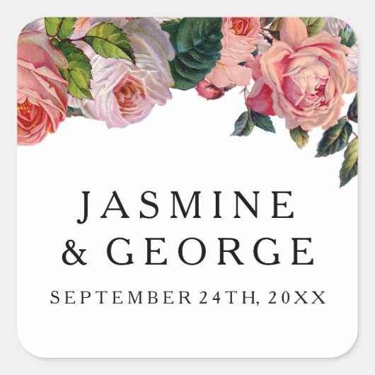 MODERN Chic Simple Font met Rozen Floral Vierkante Sticker (Voorkant)