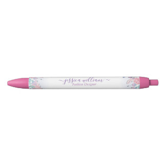 Modern Chic Waterverf Blue Hydrangeas Floral Zwarte Inkt Pen