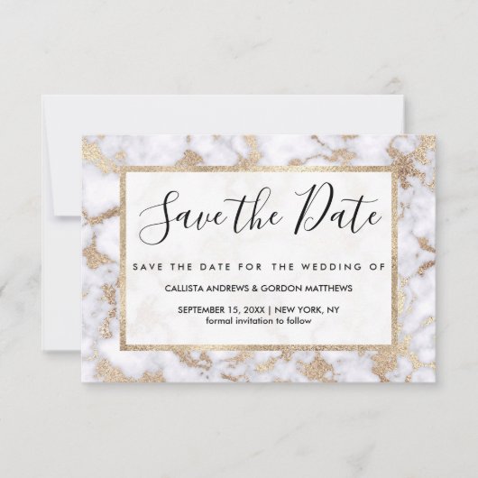 Modern Chic White Gold Foil marble Pattern Save The Date (Voorkant)
