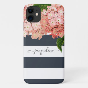 MODERN Chic Wide Stripes Hydrangea Floral iPhone 11 Hoesje