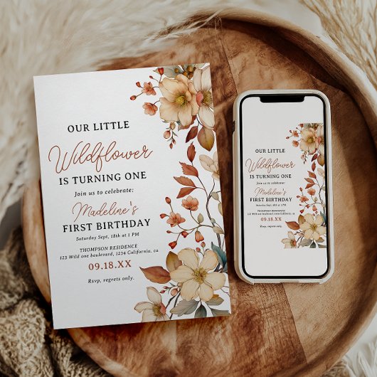 Modern Chic Wildflower Script 1e verjaardag meisje Kaart