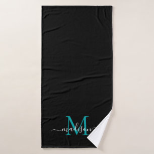 Modern Chic Zwart Blauwgroen Groen Monogram Script Badhanddoek