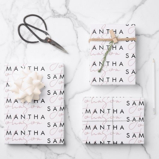 Modern Chic Zwart Wit Roze Handtekening Script Inpakpapier Vel (Voorkant)