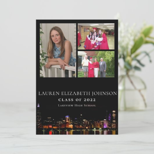 Modern Chicago Skyline 3 Photo Collage Afstuderen Aankondiging (Staand voorkant)