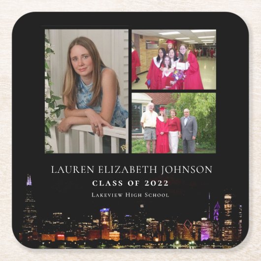 Modern Chicago Skyline 3 Photo Collage Afstuderen Vierkante Kartonnen Onderzetter (Voorkant)