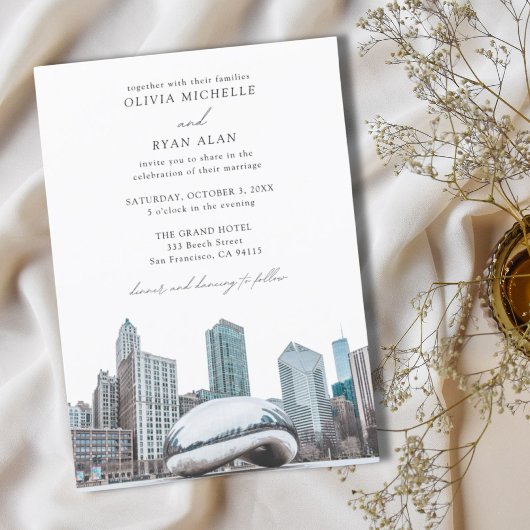 Modern Chicago Wedding Skyline Zwart & Wit Kaart