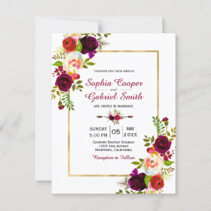 Modern Chich Burgundy Floral Gold Lijst Wedding Kaart