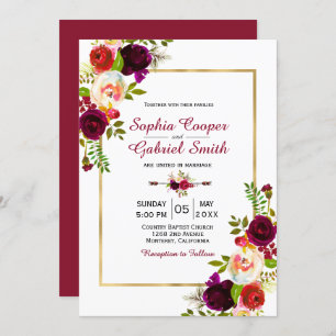 Modern Chich Burgundy Floral Gold Lijst Wedding Kaart