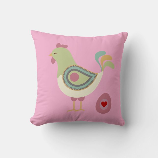 Modern Chicken & Egg Art Throw Pillow – Pink Kussen (Voorkant)