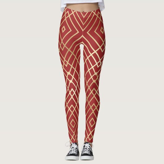 Modern Chinees rood kunstdeco Geometric Pattern Leggings (Voorkant)