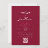 Modern chique Bourgondië fotoscript QR code bruilo Kaart (Voorkant)