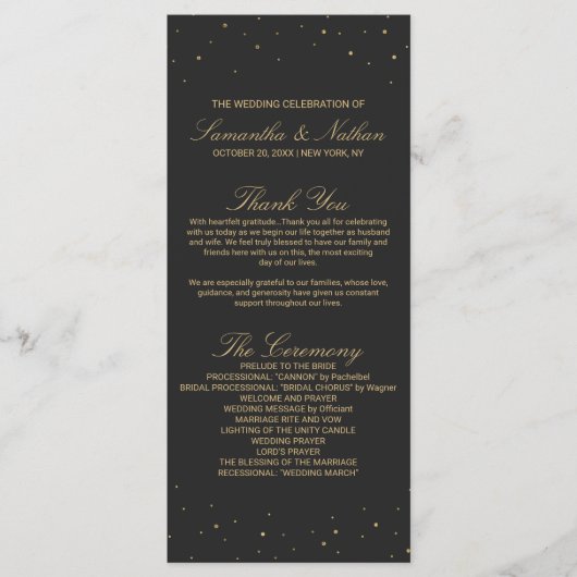 Modern chique goud gespikkeld op zwart bruiloft pr programma (Voorkant)