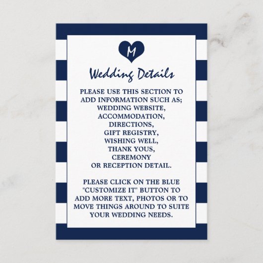 Modern chique marine blauw & wit bruiloft detail informatiekaartje (Voorkant)