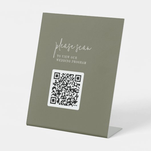 Modern Chique Olijfgroen QR Code Huwelijksprogramm Reclamebord Met Voetstuk (Voorkant)