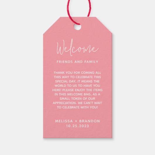 Modern chique pastel roze script bruiloft welkom cadeaulabel (Voorkant)