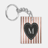 Modern chique roze gouden strepen zwart hart monog sleutelhanger (Voorkant Links)
