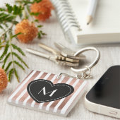 Modern chique roze gouden strepen zwart hart monog sleutelhanger (Voorkant Rechts)