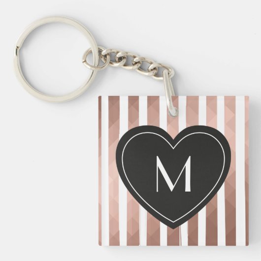 Modern chique roze gouden strepen zwart hart monog sleutelhanger (Voorkant)