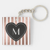 Modern chique roze gouden strepen zwart hart monog sleutelhanger (Achterkant)