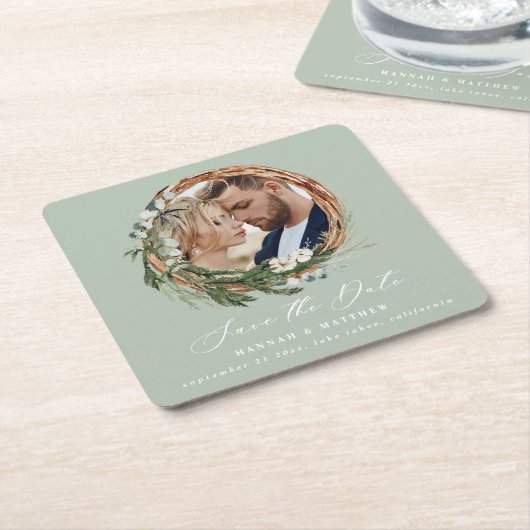 Modern chique script loof krans foto bruiloft vierkante kartonnen onderzetter (Schuin)