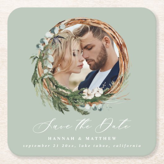 Modern chique script loof krans foto bruiloft vierkante kartonnen onderzetter (Voorkant)