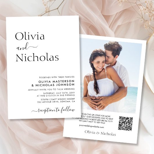 Modern Chique Script QR Code Foto Bruiloft Kaart