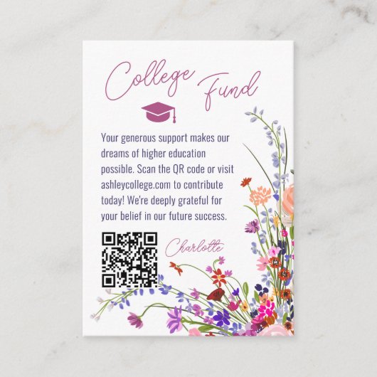 Modern chique wilde bloemen script fonds afstudere informatiekaartje (Voorkant)