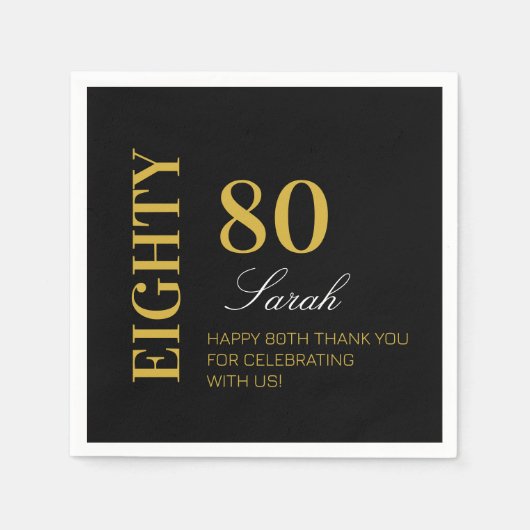 Modern chique zwart goud 80ste verjaardagsfeestje servet (Voorkant)