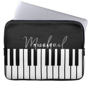 Modern chique zwart-wit pianotoetsenbord monogram laptop sleeve