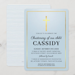MODERN CHRISTENING Gold foil cross baby blue Kaart