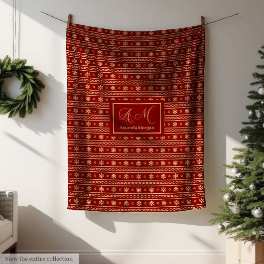 Modern Christmas Blanket Red and Gold Monogram Fleece Deken