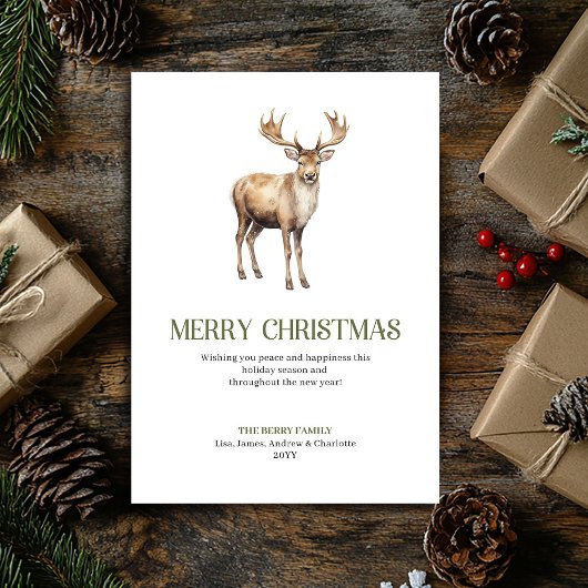 Modern Christmas Deer Sage Ivory Elegant Script Feestdagenkaart