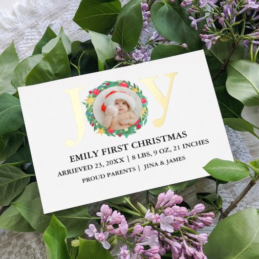 Modern Christmas Gold Joy Wreath Baby Aankondiging