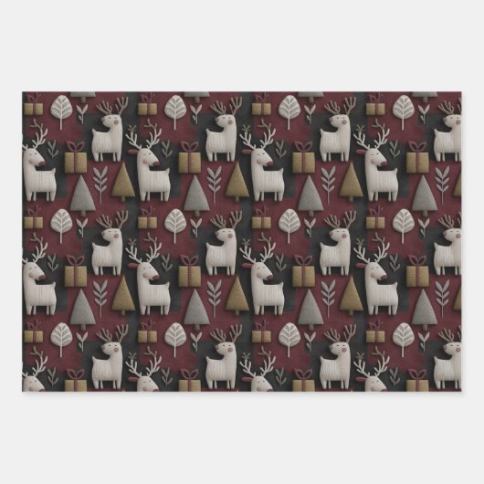 Modern Christmas Reindeer Red And Gold Pattern Inpakpapier Vel (Voorkant)